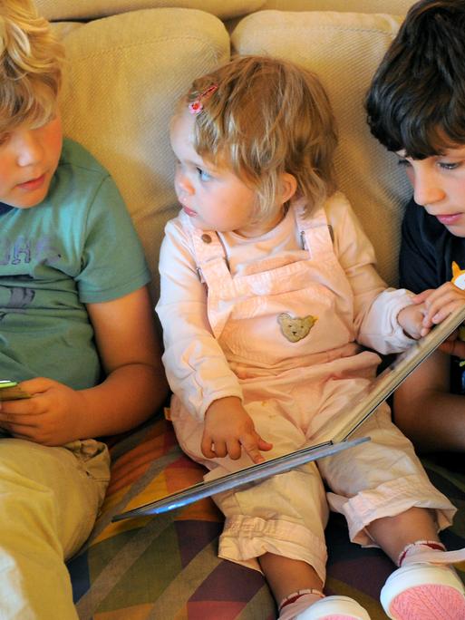 Während zwei sieben und elf Jahre alte Jungen (l, r) Bücher lesen, schaut sich ein fast zwei Jahre altes Kind ein Bilderbuch an, aufgenommen am 21.07.2012.