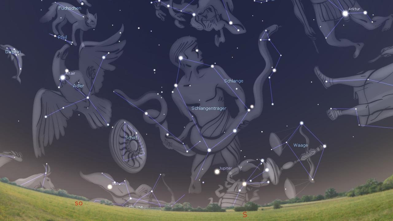 Die Sternbilder Schlange und Schlangenträger zeigen sich am Himmel ein Stück oberhalb von Jupiter