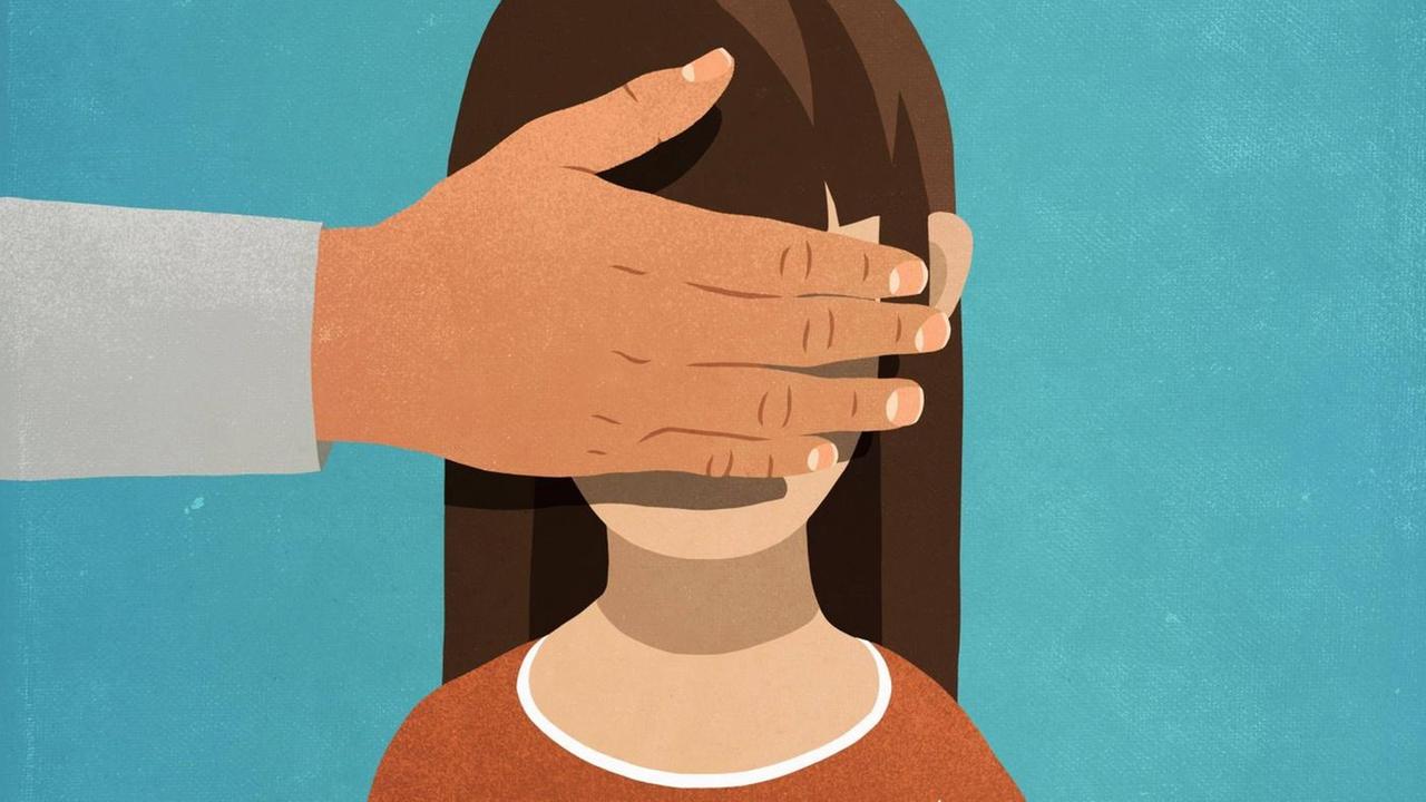 Illustration: Eine männliche Hand bedeckt die Augen eines kleines Mädchens.
