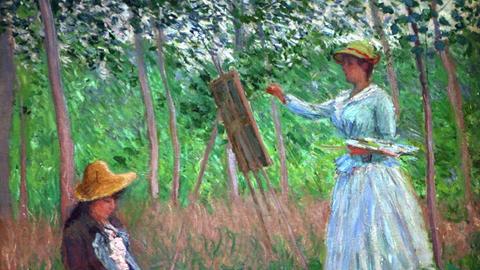 Die Ausstellung "Felder im Frühling" mit Bildern des impressionistischen Malers Claude Monet in der Staatsgalerie in Stuttgart. Zu sehen ist das Bild "Im Moor von Giverny" aus dem Jahr 1887.