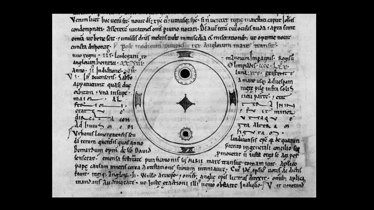 Die lange Zeit als Fantasiezeichnung angesehene Darstellung der Sonne des englischen Mönches Johannes von Worcester