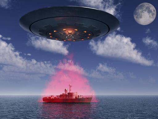 Ein menschliches Patrouillenboot bei einer Begegnung mit einem UFO.