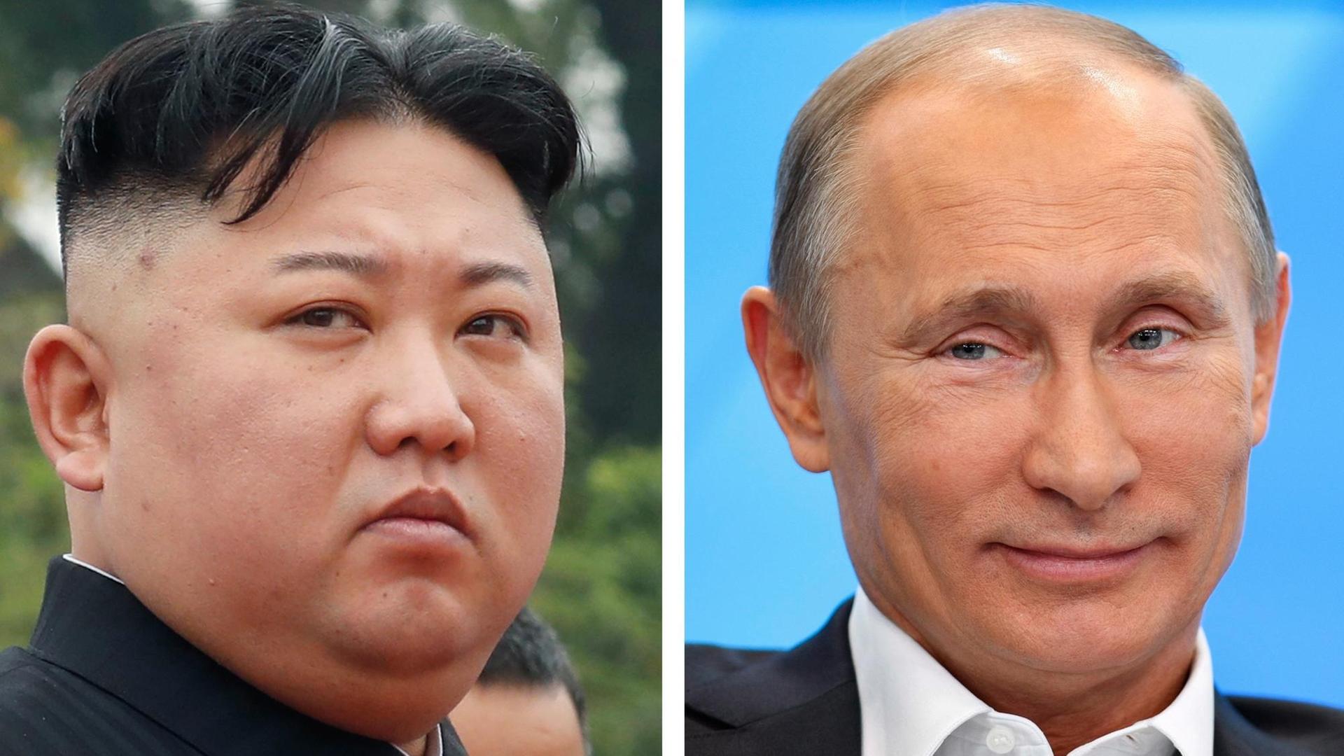 Die Bildkombo zeigt zwie nebeneinander platzierte Porträts von Kim Jong Un und Wladimir Putin.