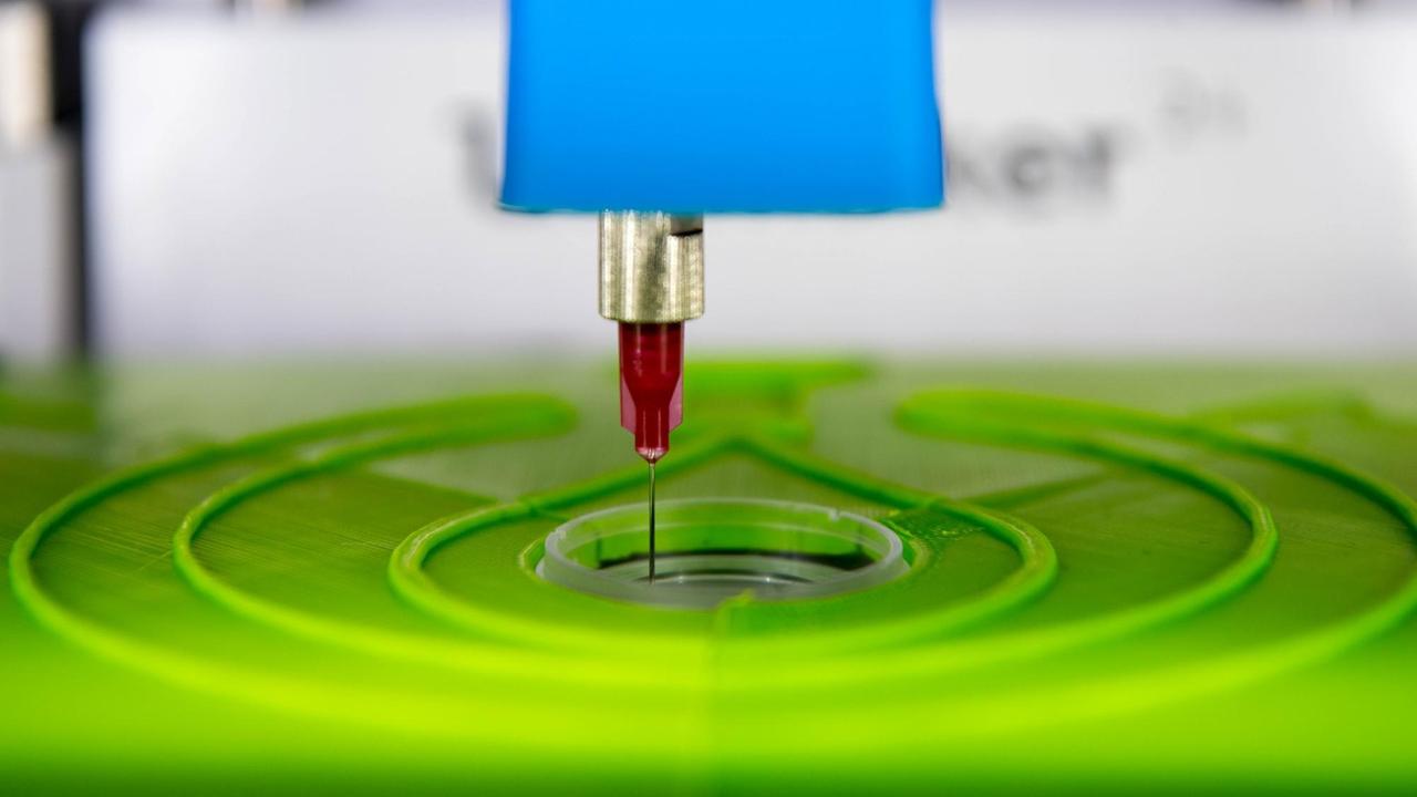 Der biotINK-Gewebedrucker druckt mit einer Kanüle Gewebe in eine kleine Petrischale