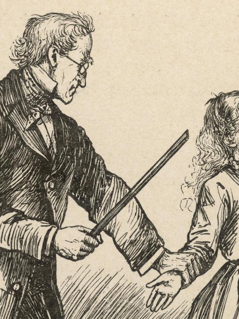 Historische Zeichnung einer Schülerin, die als Strafe vom Lehrer einen Schlag mit dem Stock über die Handfläche bekommt.