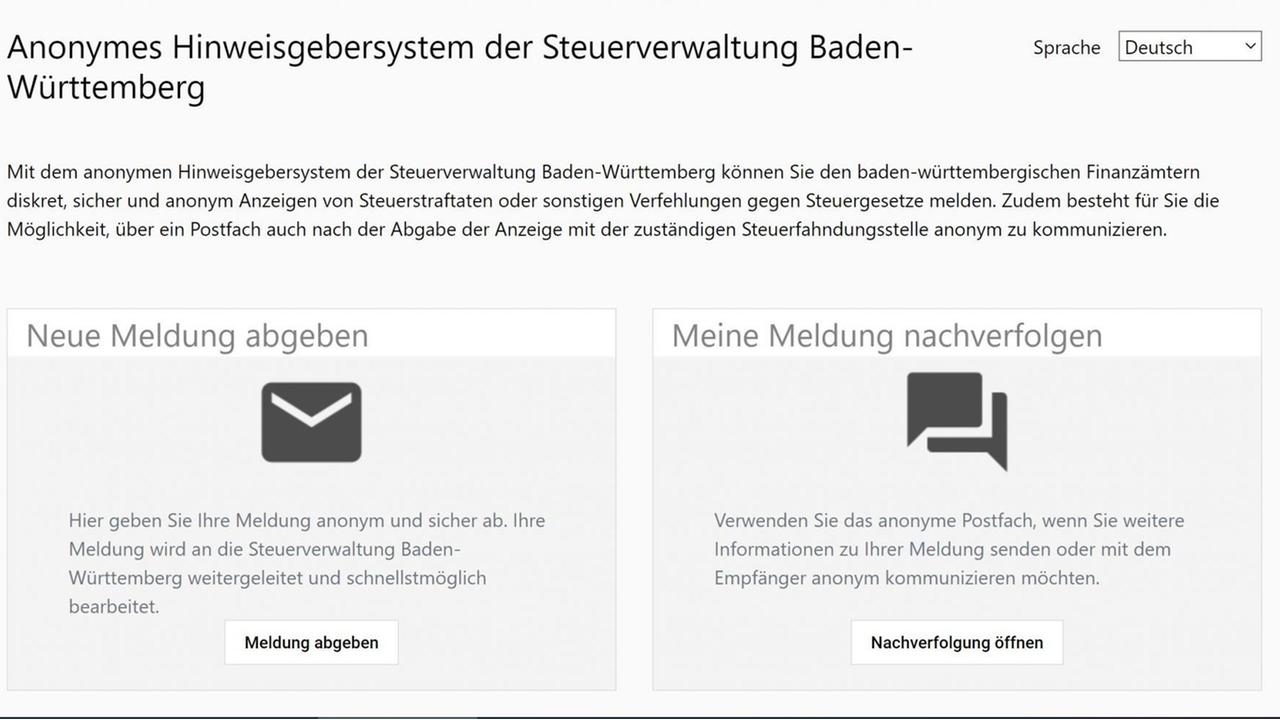 Das Bild zeigt das Anonyme Hinweisportal in Baden-Württemberg auf Steuersünden. Links steht unter anderem "Neue Meldung abgeben" und rechts "Meine Meldung nachverfolgen". Das Bild zeigt das Anonyme Hinweisportal in Baden-Württemberg auf Steuersünden. Links steht unter anderem "Neue Meldung abgeben" und rechts "Meine Meldung nachverfolgen".