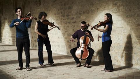 Zu sehen ist ein Streichquartett aus vier Personen vor einer grauen Wand. Sie sind alle schwarz gekleidet und spielen ihre Instrumente: Violine, Viola und Violoncello.