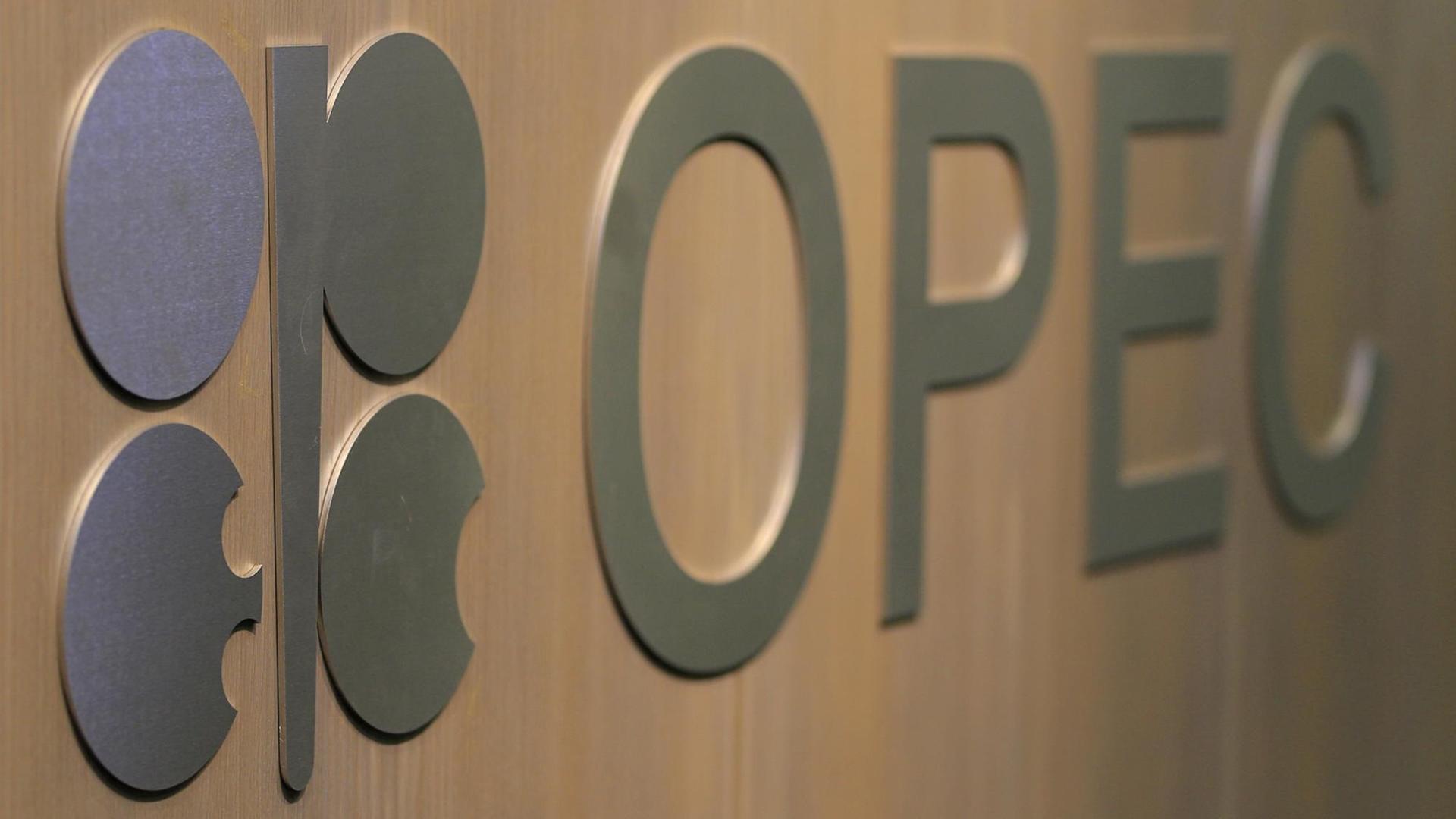 Das Logo der OPEC (Organization of the Petroleum Exporting Countries), zu sehen am Abend der 164. Versammlung der OPEC in Wien am 3. Dezember 2013.
