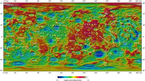 Diese Karte des Zwergplaneten Ceres zeigt die Reliefstruktur der Ceres-Oberfläche