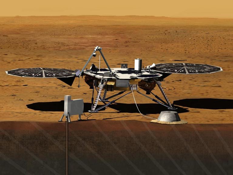 Künstlerische Darstellung der Marssonde "InSight". Das steht für Interior exploration using Seismic Investigations, Geodesy and Heat Transport.