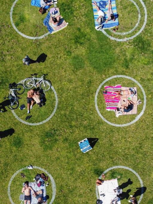 Menschen liegen in einem Park in vorgezeichneten Kreisen um den nötigen Abstand einzuhalten.