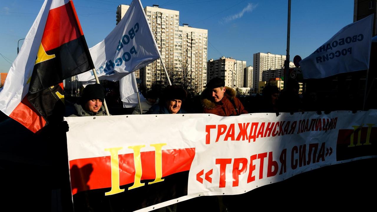 Activists hold a banner which reads as "Third Force Civil Coalition" and flags during an opposition rally on the outskirts of Moscow on February 8, 2020, against amendments to the Constitution of the Russian Federation, proposed by Russian President Putin. Kirill KUDRYAVTSEV / AFP