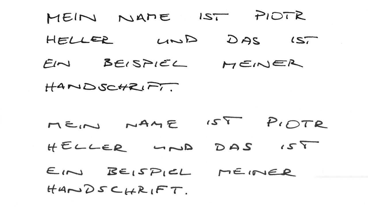 Zwei Handschriften: Mein Name ist Piotr Heller und das ist ein Beispiel meiner Handschrift.
