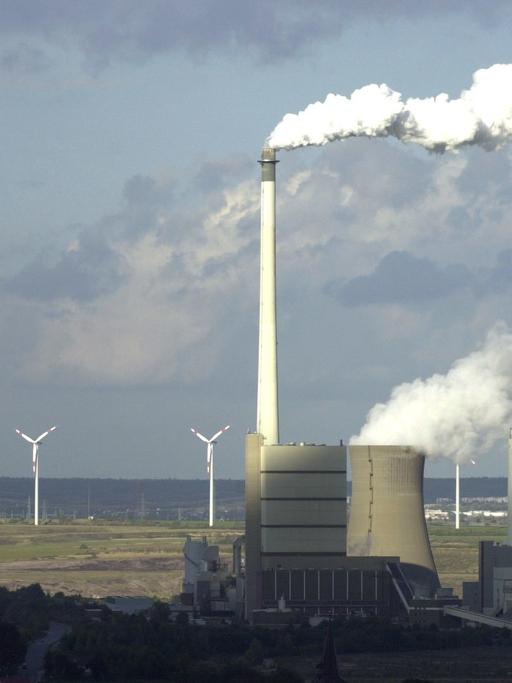 Der Blick auf das Braunkohlekraftwerk und die Müllverbrennungsanlage Buschhaus bei Helmstedt, aufgenommen am 04.10.2003. Im Vordergrund sind die Dächer des Dorfes Esbeck zu sehen, im Hintergrund stehen Windkrafträder am Rande eines aufgelassenen Tagebaus.