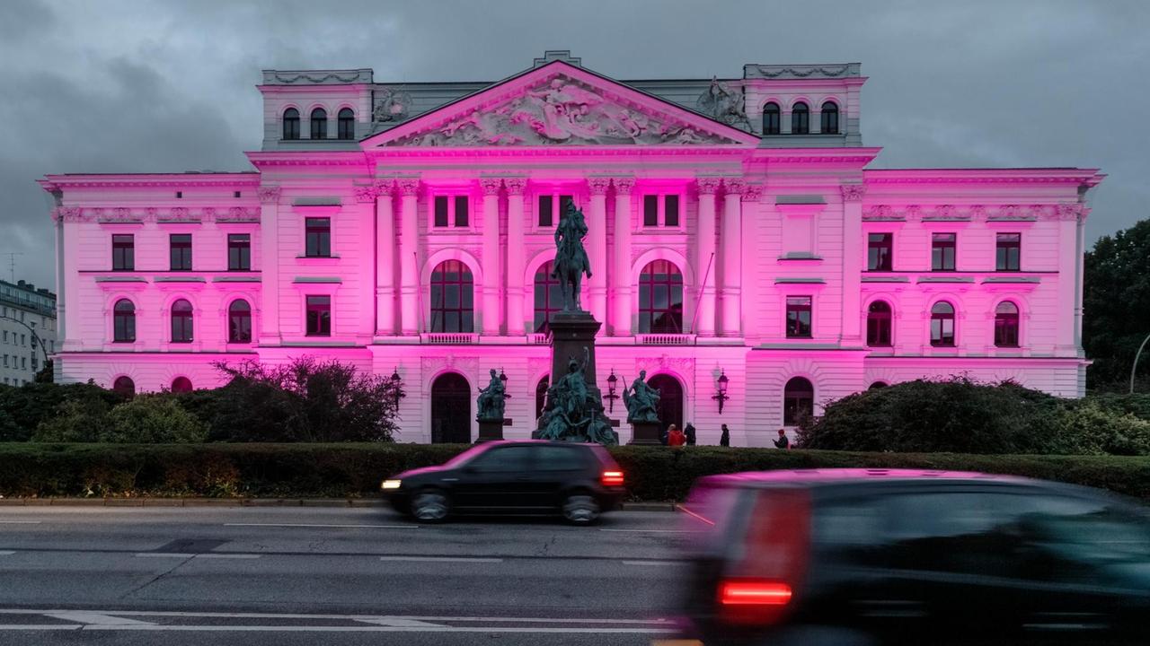 Das Rathaus Altona wird während einer Beleuchtungsaktion der Kinderhilfsorganisation "Plan International" pink angestrahlt, um damit auf die mangelnde Gleichberechtigung von Mädchen in vielen Ländern der Welt aufmerksam zu machen. 