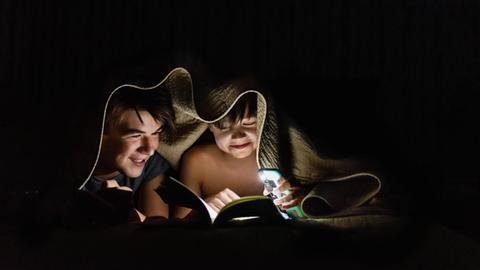 Brothers reading a book under a blanket by flashlight at night. Kingston, ON, Canada PUBLICATIONxINxGERxSUIxAUTxONLY CR_DOHO200717O-443777-01 ,model released, Symbolfoto