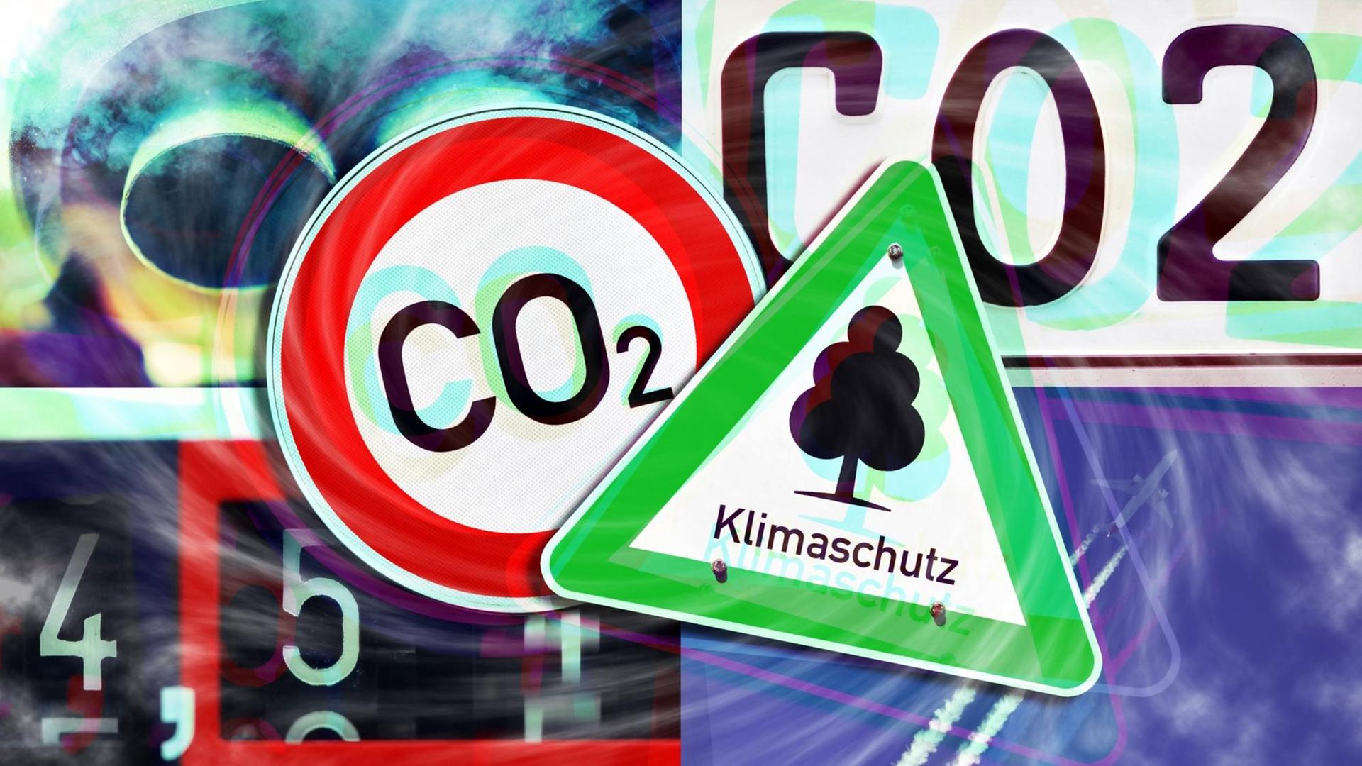 FOTOMONTAGE aus Autoauspuff, CO2-Nummernschild, Heizungszähler, Flugzeug mit Kondensstreifen und Klimaschutz-Schild und CO2-Verbotsschild.