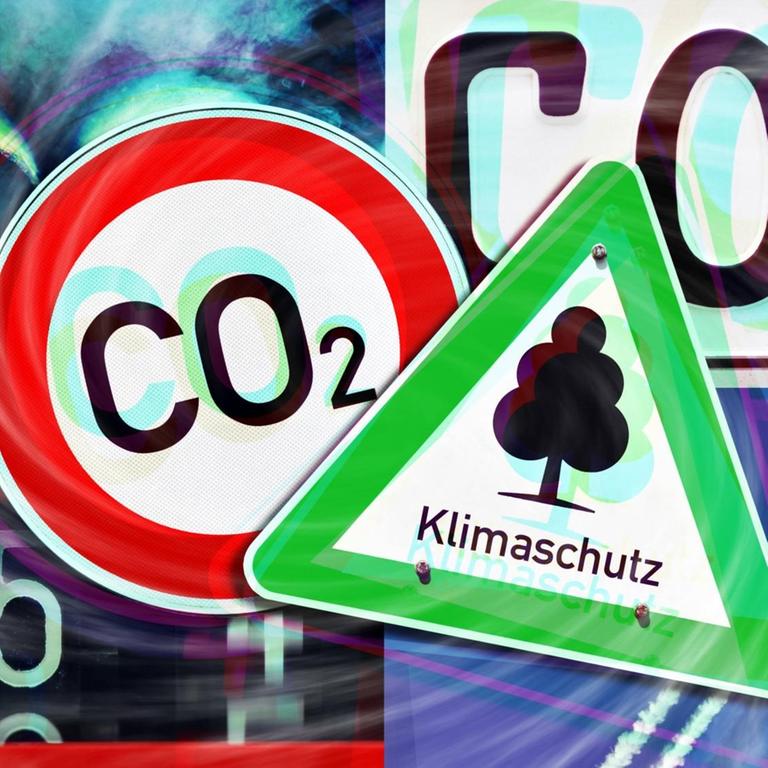 FOTOMONTAGE aus Autoauspuff, CO2-Nummernschild, Heizungszähler, Flugzeug mit Kondensstreifen und Klimaschutz-Schild und CO2-Verbotsschild.