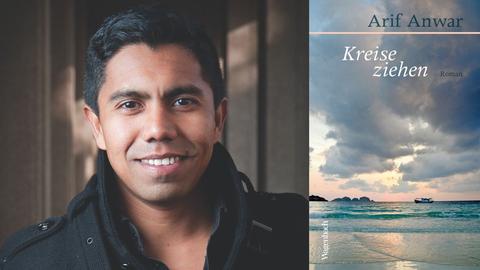 Zu sehen ist der Autor Arif Anwart und das Cover seines Romans "Kreise ziehen".