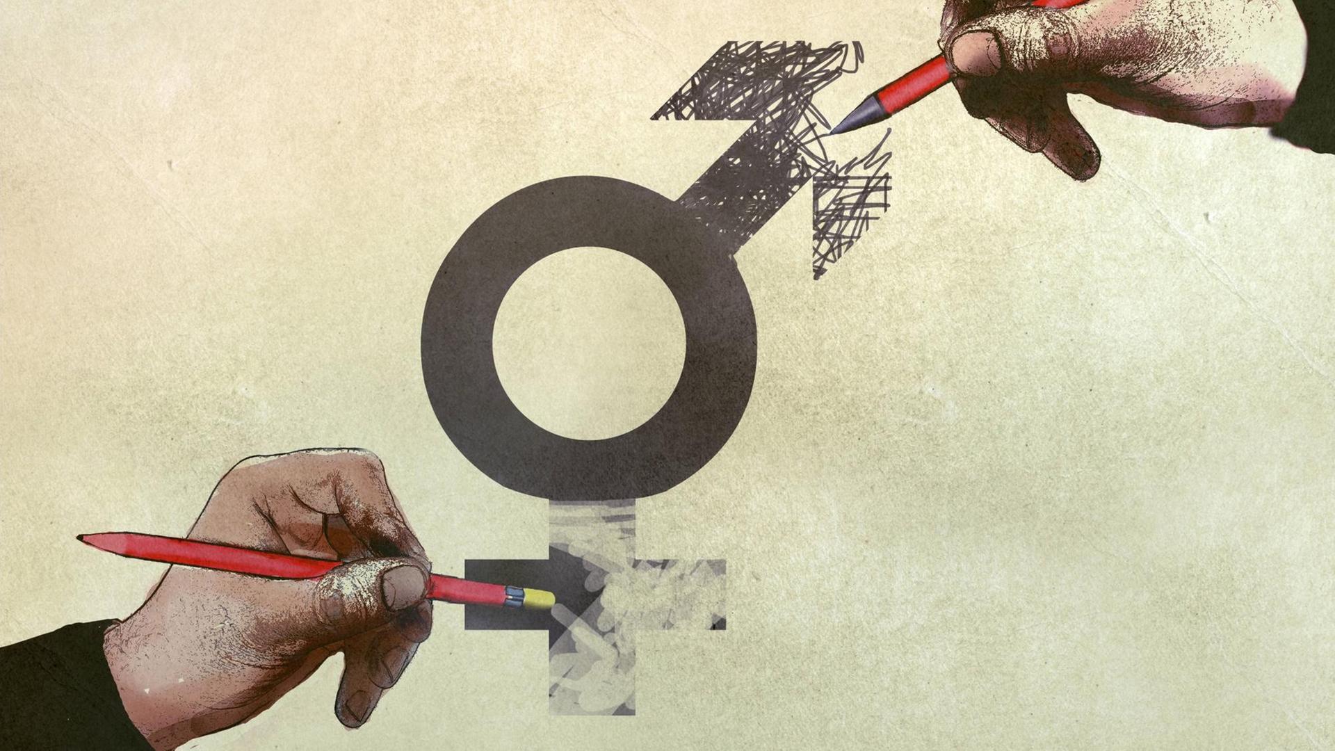 Eine Illustration eines Männlichkeits-Symbols, dessen Pfeil wegradiert und durch ein Plus unten ersetzt wird, was dann ein Weiblichkeits-Symbol ergibt