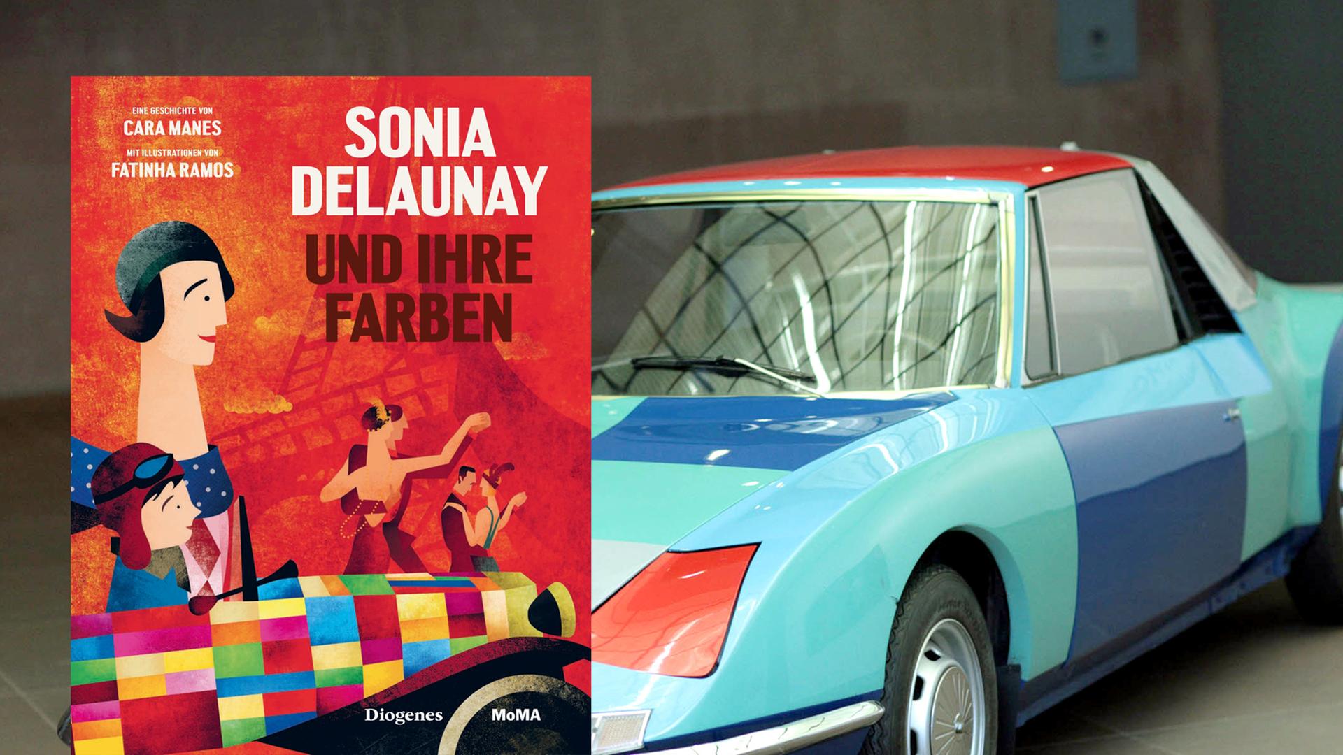 Buchcover "Sonia Delaunay und ihre Farben" von Cara Manes und Fatinha Ramos. Im Hintergrund ein von Sonia Delaunay gestalteter Sportwagen Matra nach einem Entwurf von 1967.