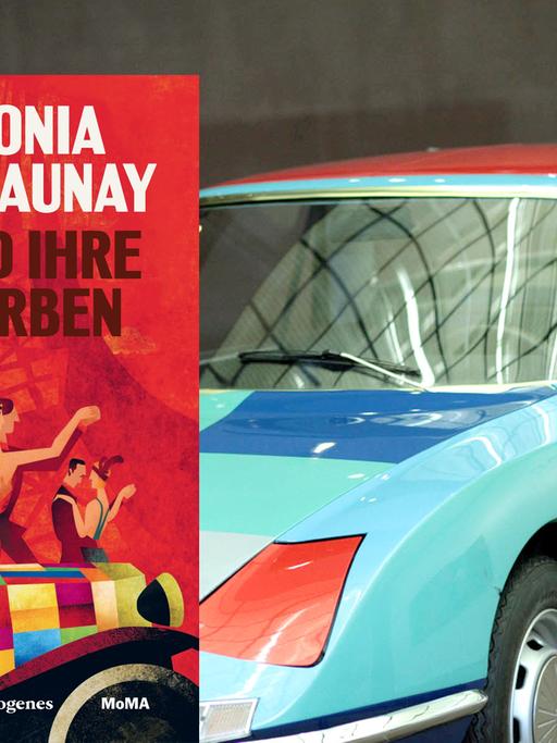 Buchcover "Sonia Delaunay und ihre Farben" von Cara Manes und Fatinha Ramos. Im Hintergrund ein von Sonia Delaunay gestalteter Sportwagen Matra nach einem Entwurf von 1967.