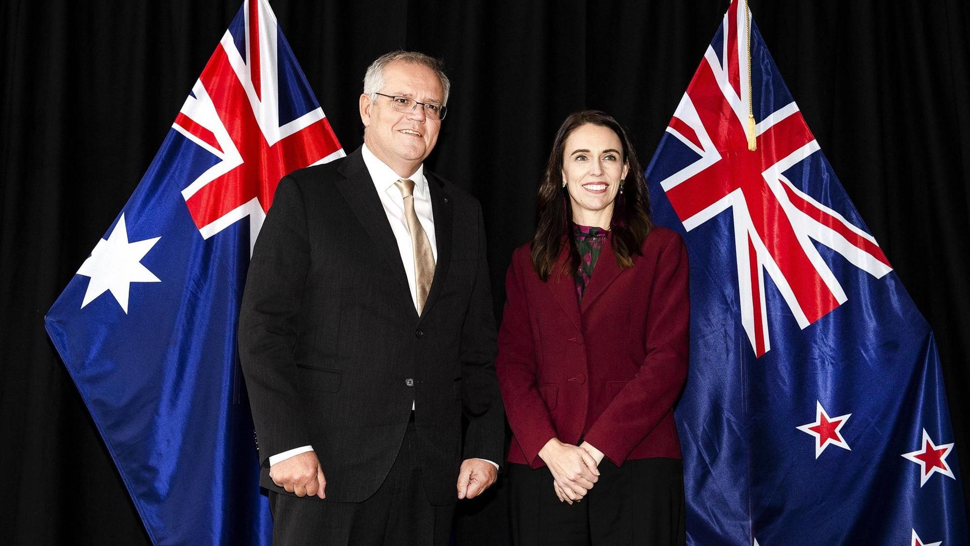 New Zealand Prime Minister Jacinda Ardern R poses for a photo with Australian Prime Minister Scott Morrison ahead of their annual talks on Monday, May 31, 2021 in Queenstown, New Zealand. Australian Prime Minister Scott Morrison is on a two-day visit to New Zealand to attend the annual Australia-New Zealand Leaders Meeting. The trip is Scott Morrison s first overseas visit in 2021. AAP Image/Pool, Joe Allison NO ARCHIVING Queenstown Otago New Zealand *** New Zealand Prime Minister Jacinda Ardern R poses for a photo with Australian Prime Minister Scott Morrison ahead of their annual talks on Monday, May 31, 2021 in Queenstown, New Zealand Australian Prime Minister Scott Morrison is on a two day visit to New Zealand to attend the annua Poolfoto AAPIMAGE ,EDITORIAL USE ONLY