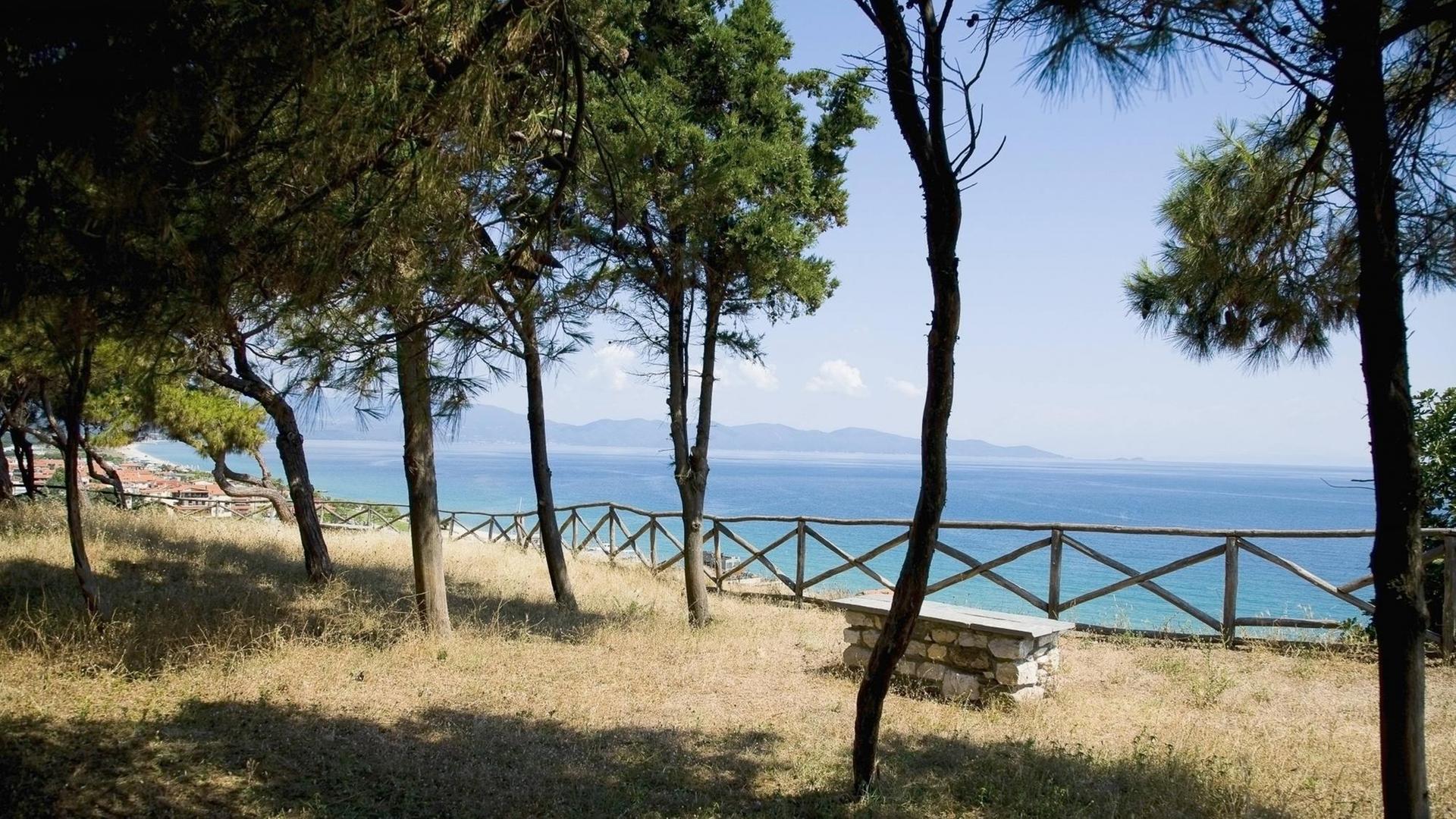 Blick von der Hügelspitze der Akanthos-Ruine durch Pinienwälder auf das Mittelmeer