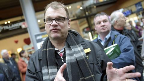 Juha Sipilä von der finnischen Zentrumspartei bei einem Wahlkampfauftritt.