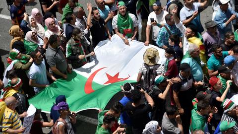 Algerische Demonstranten halten die Nationalflagge während ihrer Proteste in der Hauptstadt Algier