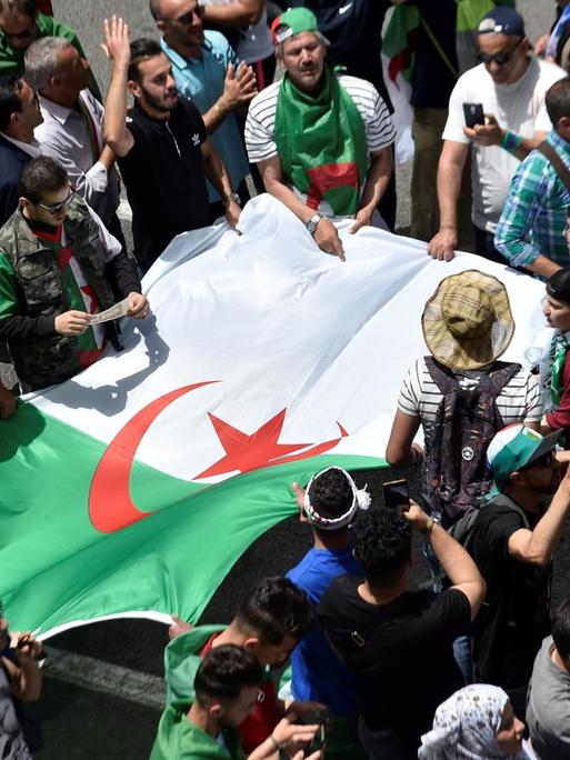 Algerische Demonstranten halten die Nationalflagge während ihrer Proteste in der Hauptstadt Algier
