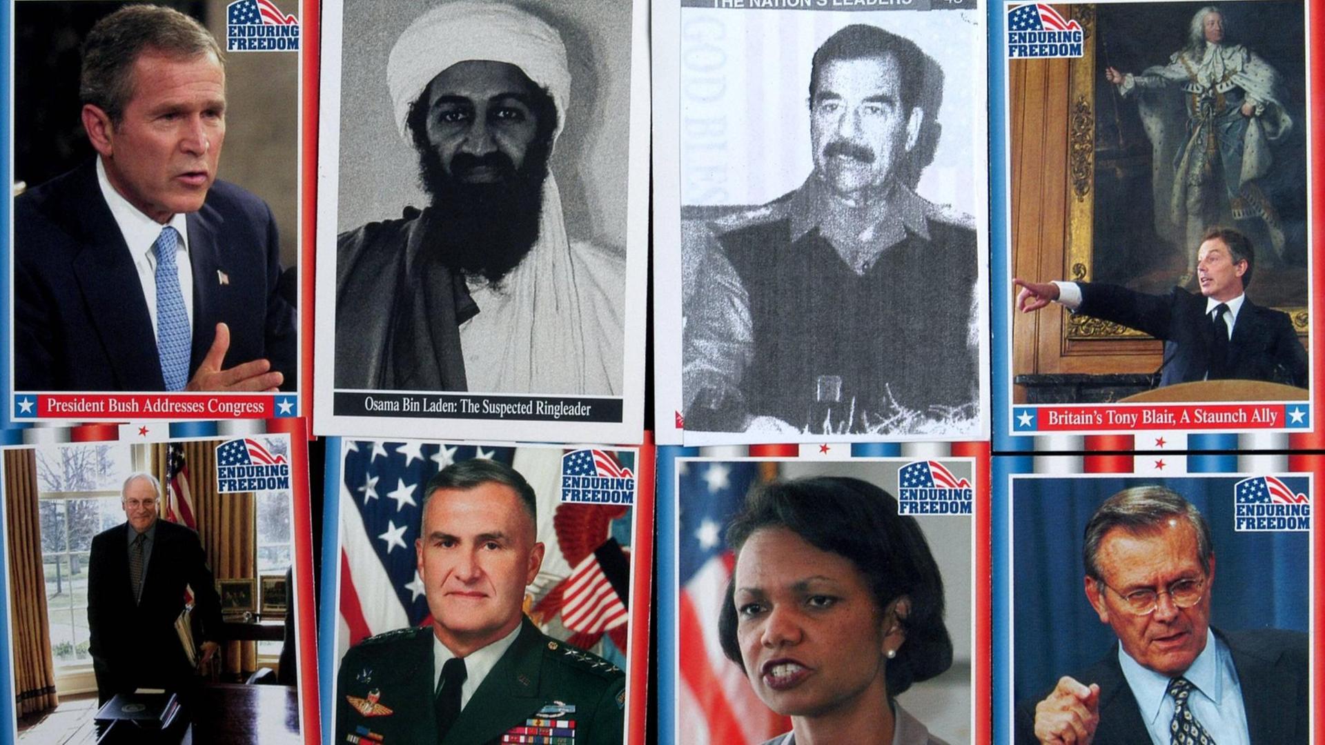 Ein Kartenspiel mit Konterfeis verschiedener Akteure, die im Golf- und Irakkrieg beteiligt waren. Von oben nach unten und links nach rechts. Georg W. Bush, Osama bin Laden, Saddam Hussein, der britische Premierminister Tony Blair, der ehem. US-Vize-Präsident Dick Cheney, US-Außenministerin Condolezza Rice, und US-US-Verteidigungsminister Donald Rumsfeld.