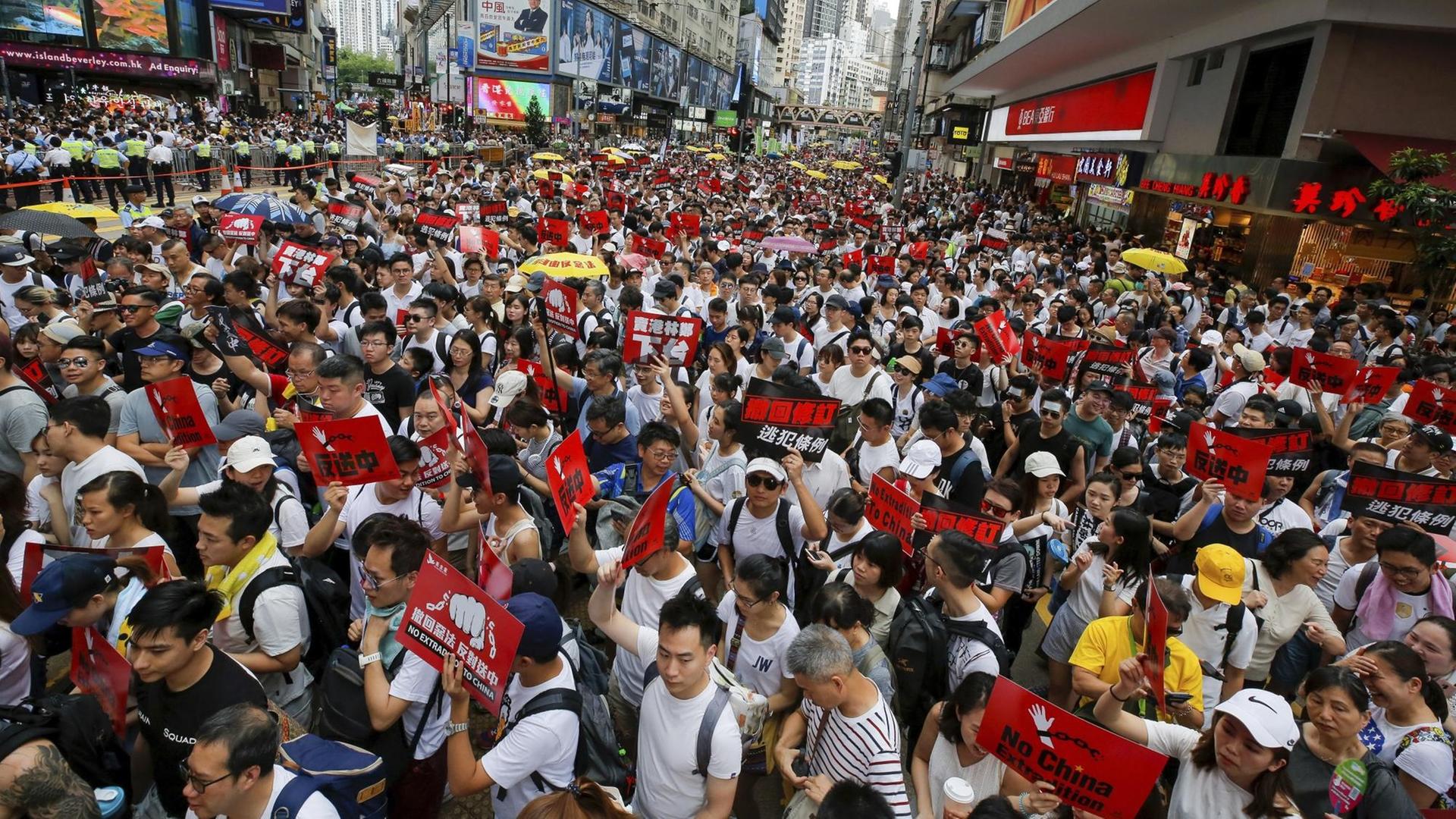 In Hongkong halten Demonstranten bei einer Kundgebung gegen das von der Regierung geplante Auslieferungsgesetz Fahnen und Plakate hoch. Kritiker befürchten, dass Chinas Justiz damit die Auslieferung von Verdächtigten aus der früheren britischen Kronkolonie beantragen kann, ohne dass deren Rechte ausreichend geschützt werden.