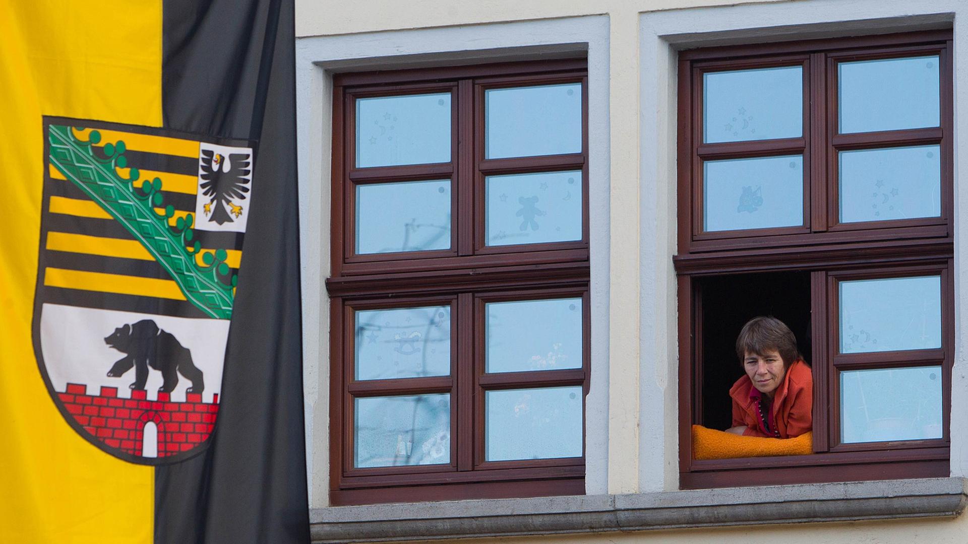 Eine Schaulustige verfolgt am Freitag (24.06.2011) das Geschehen des 15. Sachsen-Anhalt-Tages in Gardelegen (Altmarkkreis Salzwedel) neben einer Sachsen-Anhalt-Fahne.