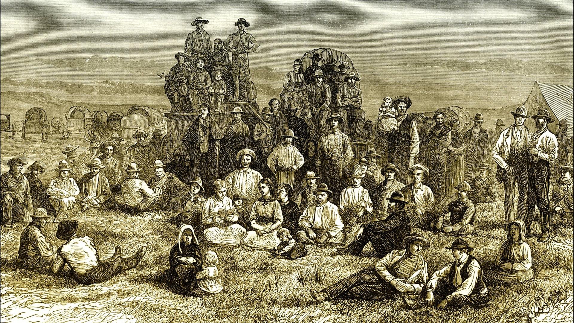 Historische Szene aus den USA: Feldlager oder Versammlung der Mormonen oder der Kirche Jesu Christi der Heiligen der Letzten Tage um 1840 (Reproduktion).