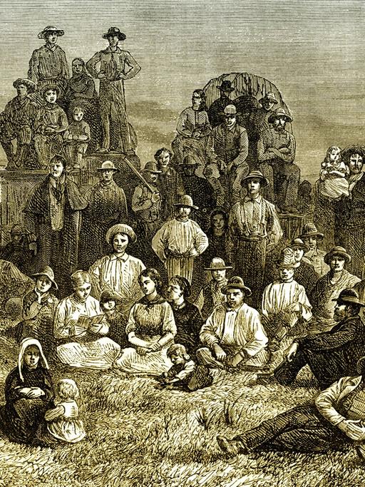 Historische Szene aus den USA: Feldlager oder Versammlung der Mormonen oder der Kirche Jesu Christi der Heiligen der Letzten Tage um 1840 (Reproduktion).