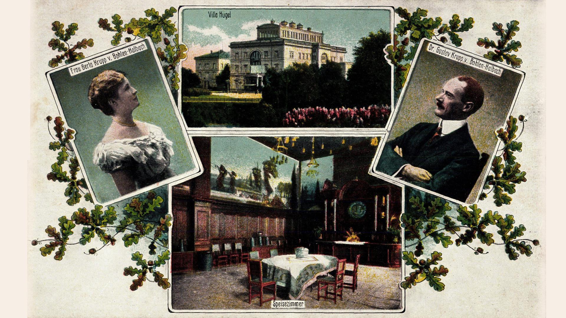 Eine historische Postkarte zeigt Berta Krupp und Gustav von Bohlen und Halbach und im Hintergrund die 1870 - 73 von Alfred Krupp erbaute Villa Hügel.