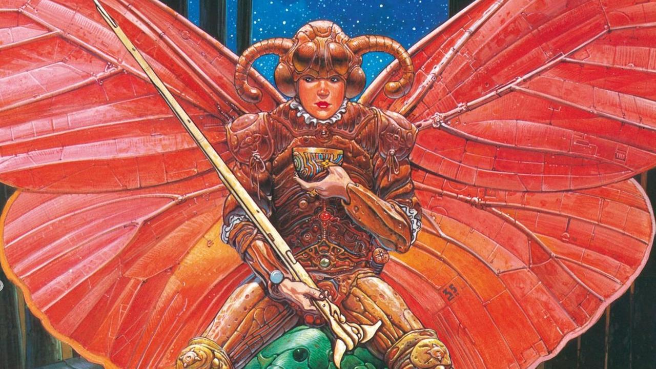 Zeichnung aus einem Moebius-Comic: ein leuchtend rotes Fantasiewesen mit Schmetterlingsflügeln.