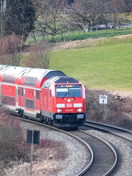 Eine Diesellokomotive der "Südbahn" fährt mit mehreren Waggons Richtung Friedrichshafen.