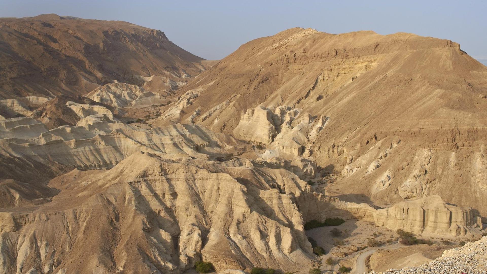 Blick über die Judäische Wüste bei Ein Bokek in der Nähe des Toten Meeres in Israel. Die 1.500 Quadratkilometer große judäische Wüste liegt zwischen den Hügeln von Judäa und dem Toten Meer und ist eine Regenschattenwüste.