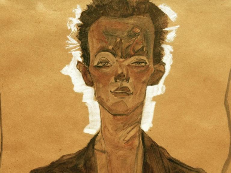 "Selbstbildnis in braunem Mantel" von Egon Schiele (1910, Gouache, Aquarell und schwarzer Buntstift auf Papier, 45,6 x 32,2 cm. Privatbesitz)