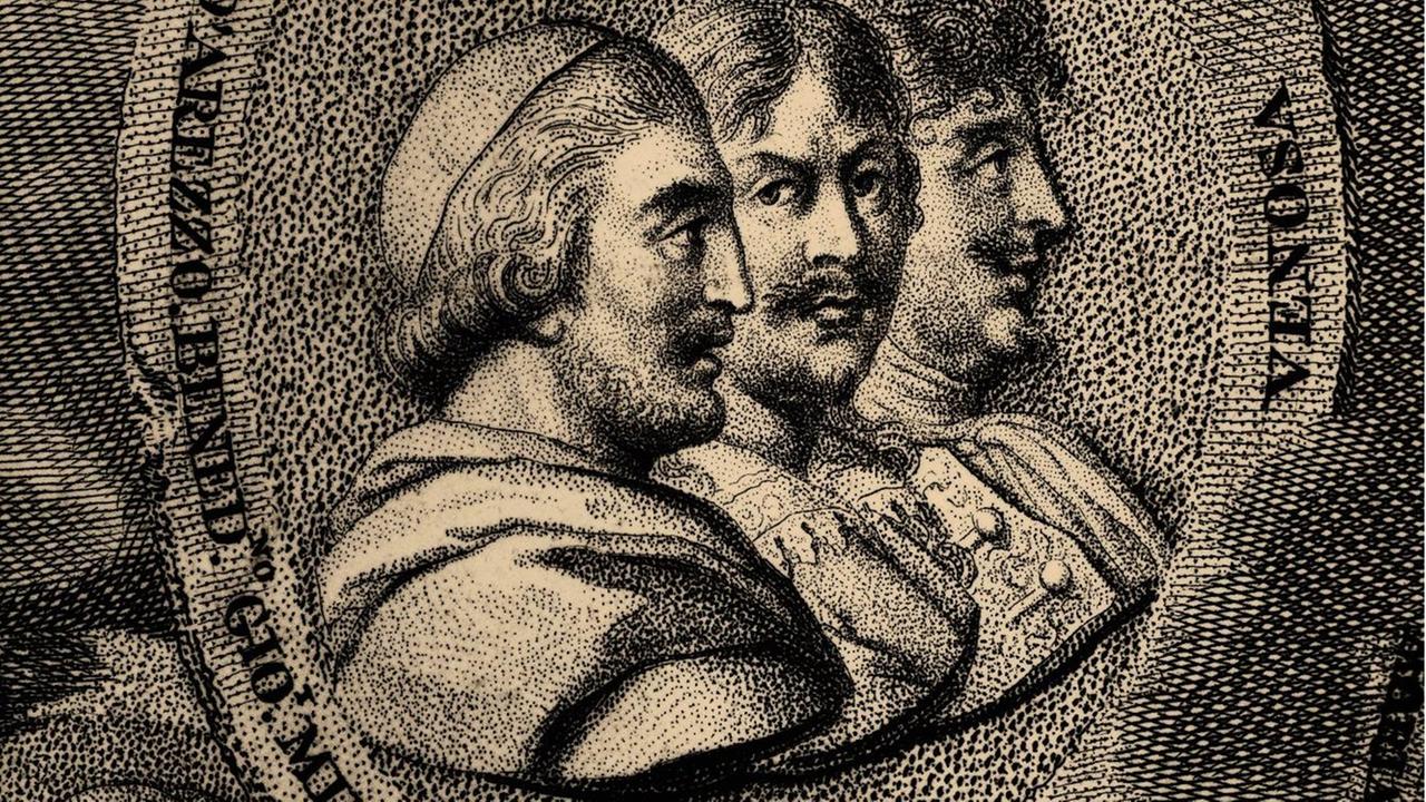 Ein Stich zeigt drei Gesichtszüge eines Mannes unterschiedlichen Alters.