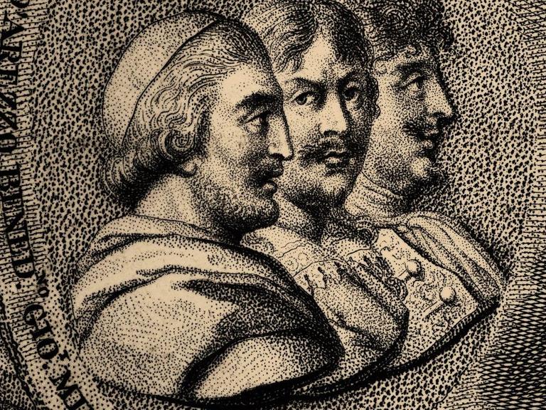 Ein Stich zeigt drei Gesichtszüge eines Mannes unterschiedlichen Alters.
