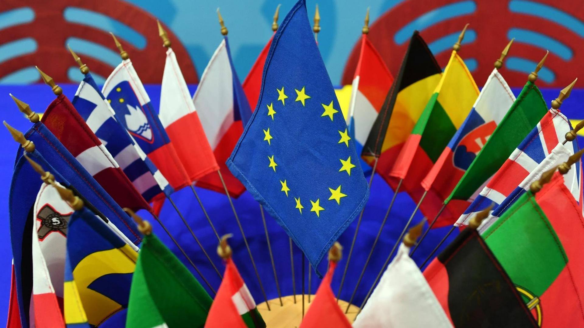 Sie sehen die Flaggen der Mitgliedsstaaten der EU, zusammen mit der EU-Flagge auf einem Tisch.