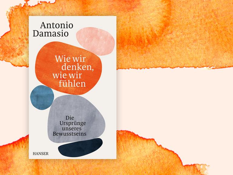 Cover des Buchs "Wie wir denken, wie wir fühlen" von Atonio Antonio Damasio vor orangefarbenem Aquarellhintergrund. Das Cover zeigt bunte, organisch geformte Flächen vor weißem Hintergrund, die aussehen, als wären sie mit Wasserfarben gemalt.
