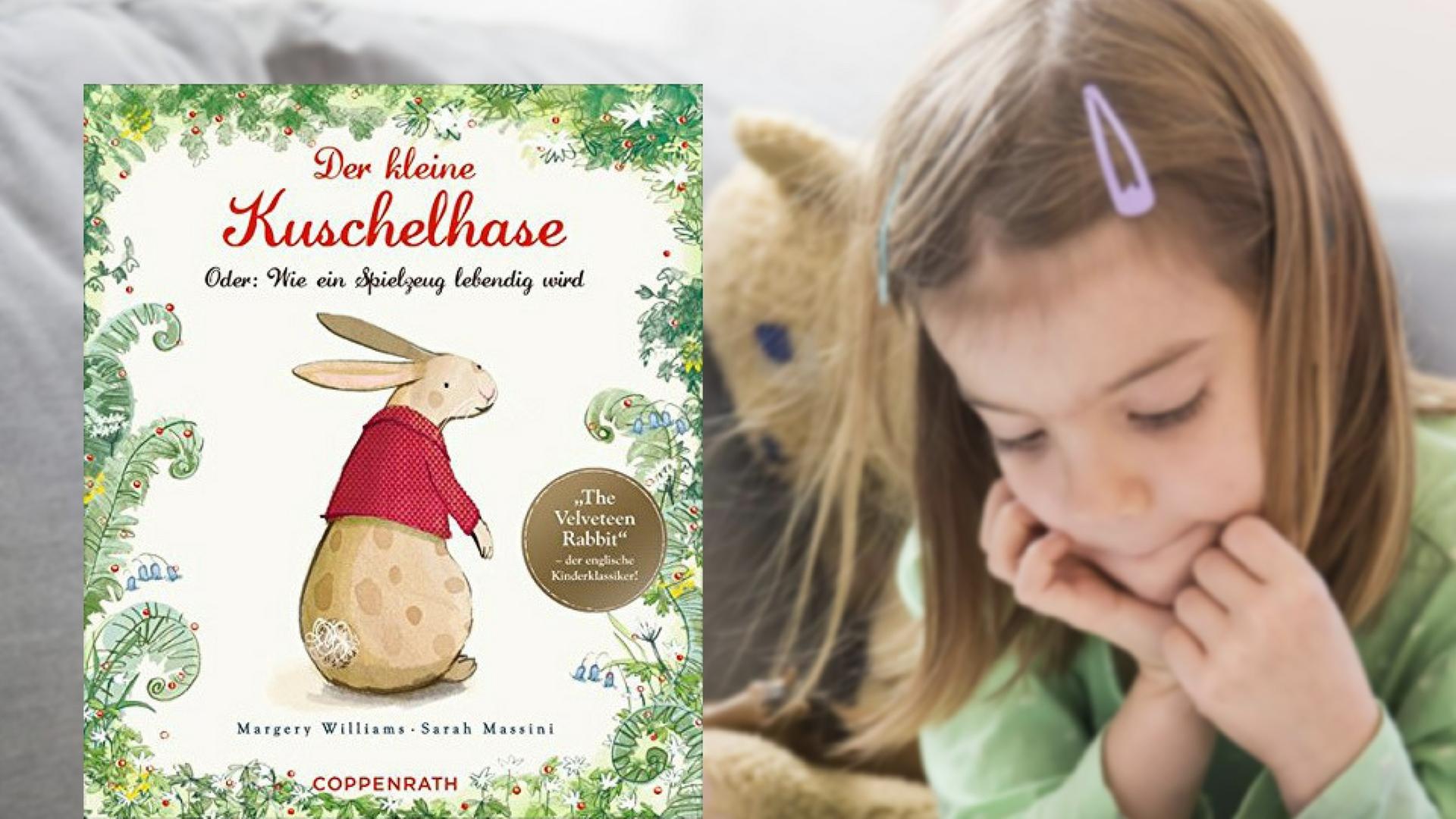 Buchcover "Der kleine Kuschelhase" von Margery Williams, im Hintergrund ein lesendes Mädchen