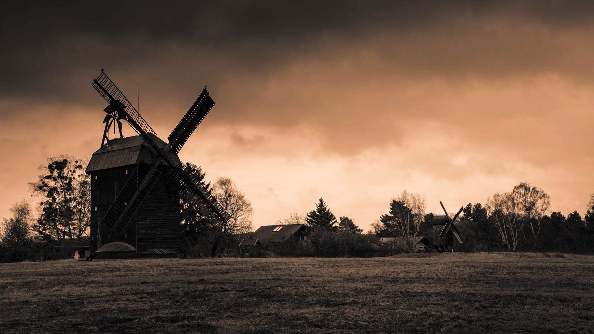 Zwei historische Windmühlen vor einem dramatisch gefärbten Himmel, im Vordergrund ist eine Wiese zu sehen.