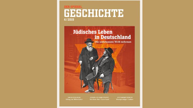 Das Magazin "Spiegel Geschichte" 4/2019. Auf dem Titel sind zwei jüdische Männer in schwarz-weiß vor einem roten Hintergrund mit Davidstern zu sehen.