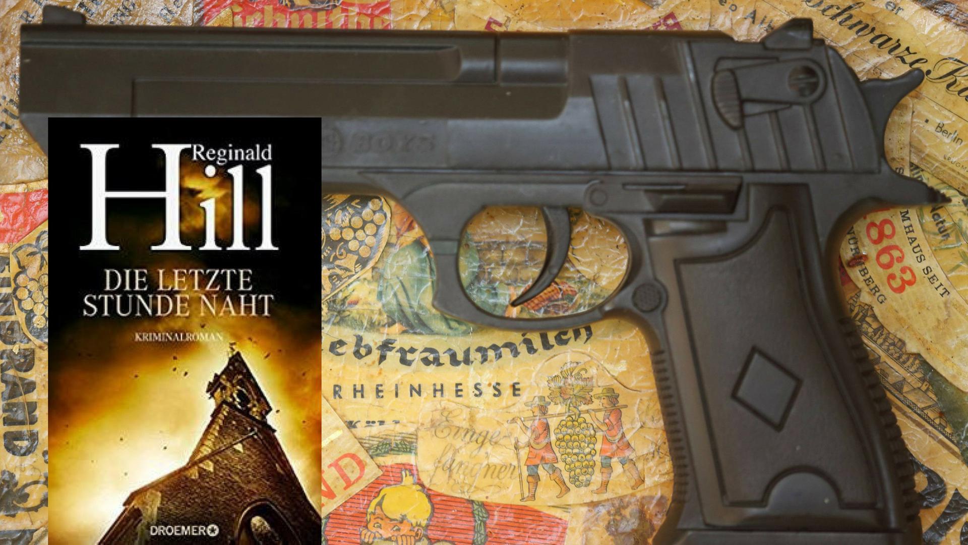 Buchcover von "Reginald Hill: "Die letzte Stunde naht" und Pistole auf einem Tablett