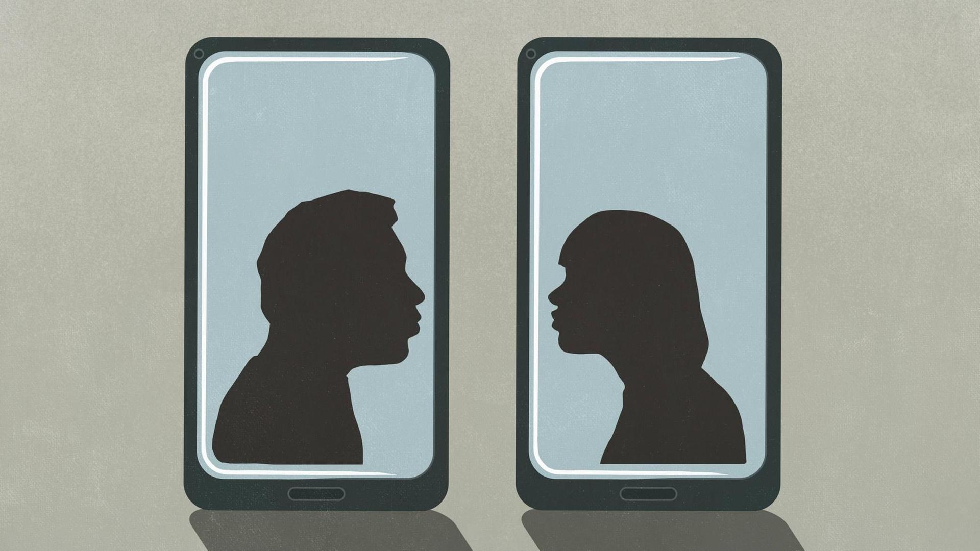 Die Silhouetten eines Mannes und einer Frau auf zwei separaten Handybildschirmen beim Küssen.